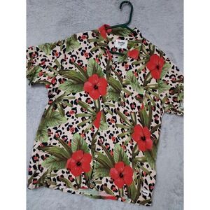 Duvin Shirt Mens Large Tropical Floral Leopard Flroal Print Button Up Rayon L